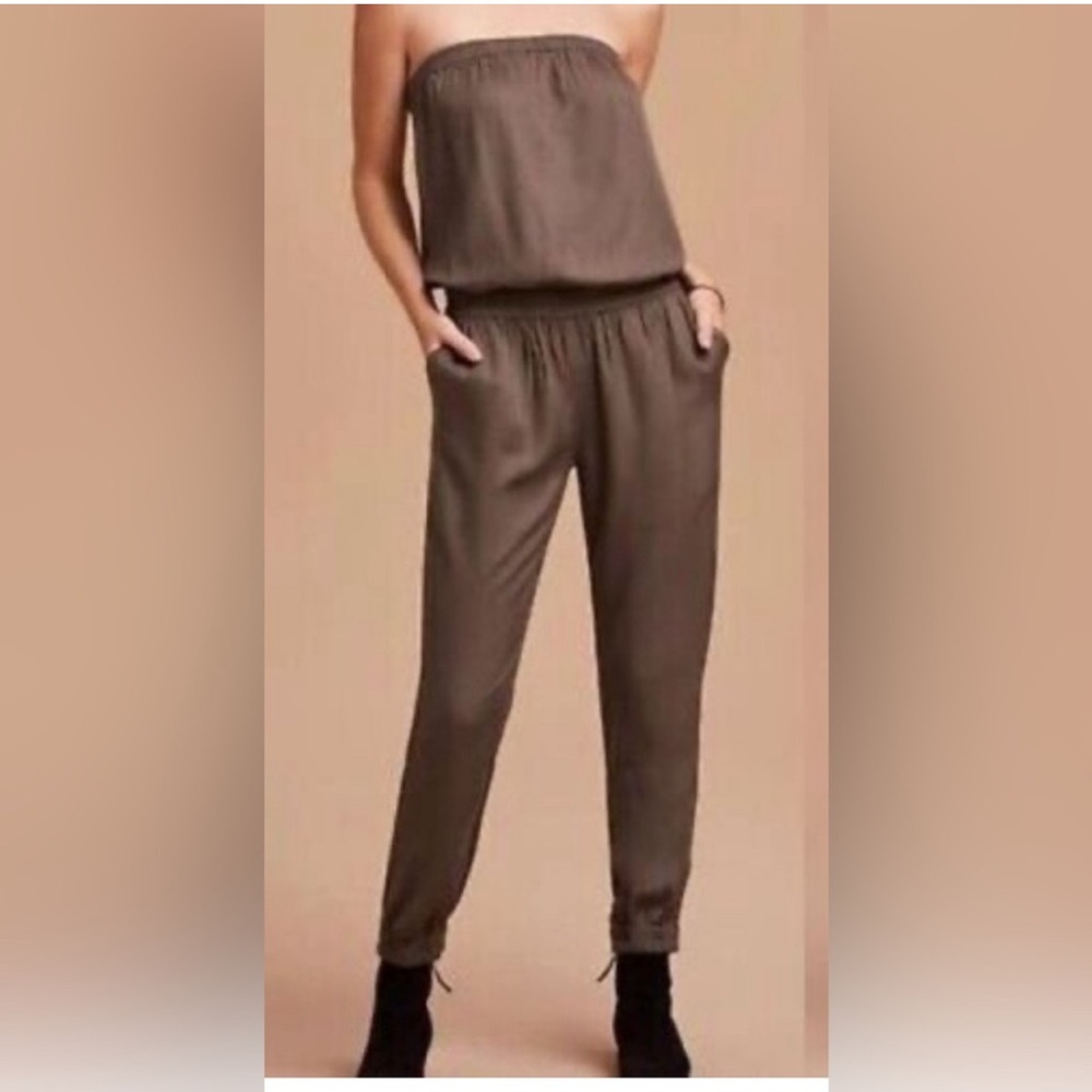 Aritzia Talula Tabata Jumpsuit Strapless Elastic Drawstring Brown Neutral Olive